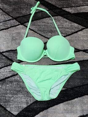 VICTORIA SECRET 2014 MINT GREEN STRAPPY PUSHUP BIKINI HALTER TOP & CHEEKY BOTTOM